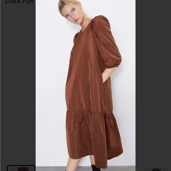 Beautiful cocoa rich brown Zara puff sleeve dress - Picture 1 of 4